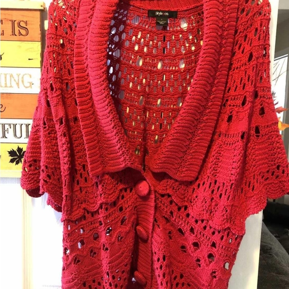 Ladies Stylus Women's Red Crochet Knit Sweater